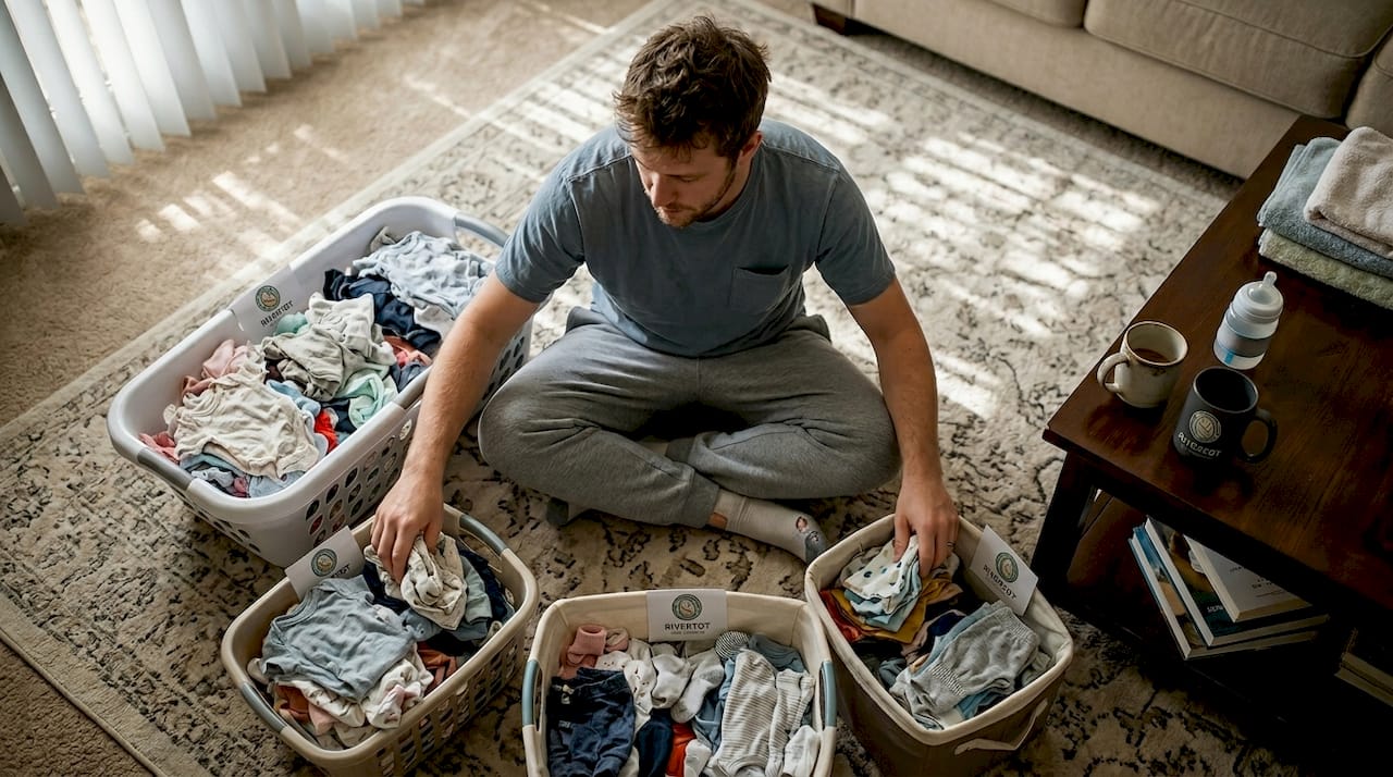 Father sorting baby clothes by size and fabric