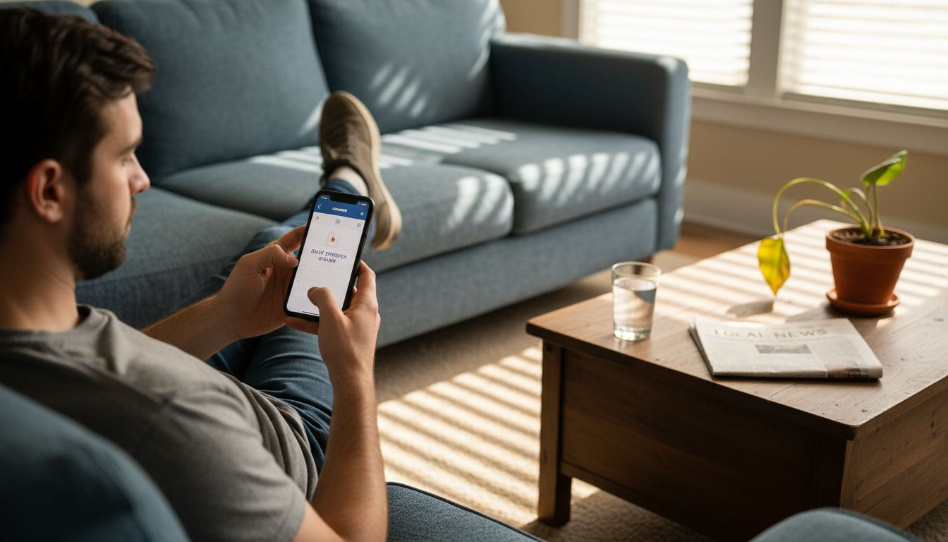 Man sets phone reminder on living room sofa