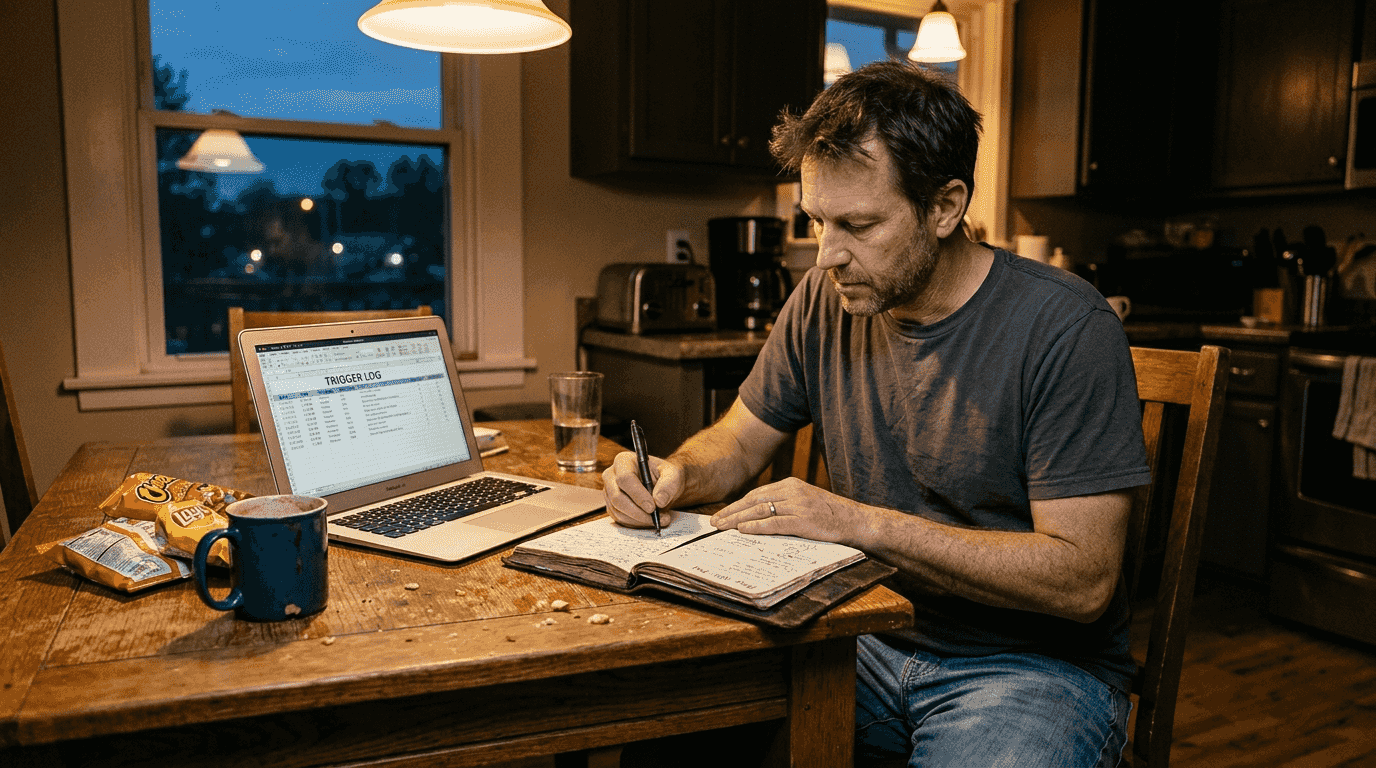 Man writing journal for emotional eating triggers