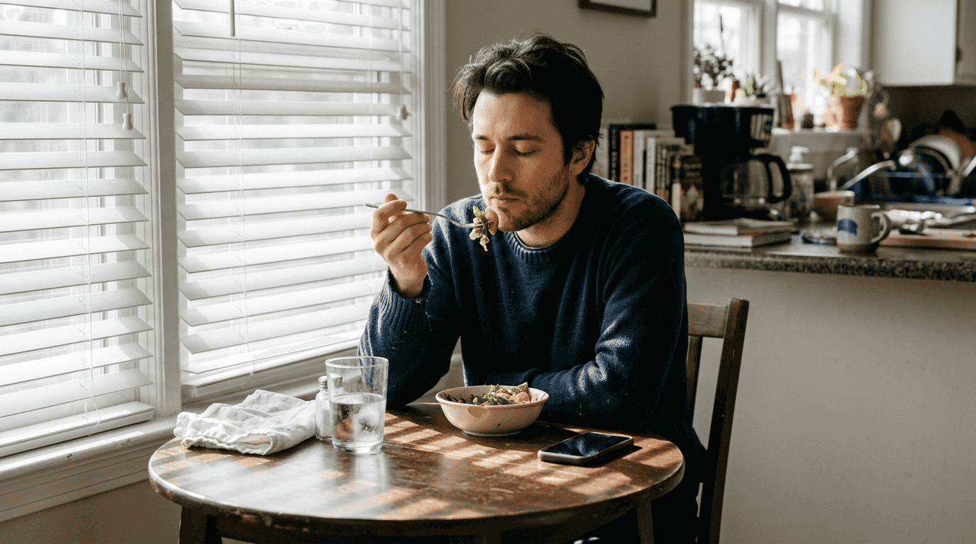 Man eating mindful meal at modest table
