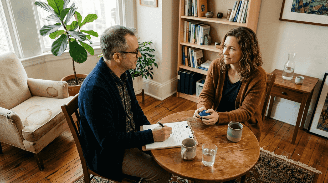 Therapist and client talking in sunlit office