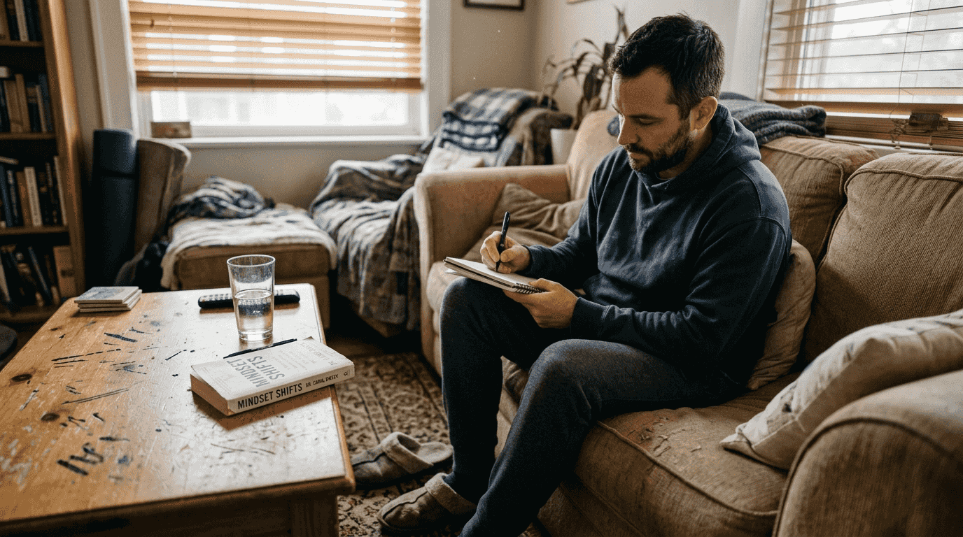 Man journaling about healthy mindset at home