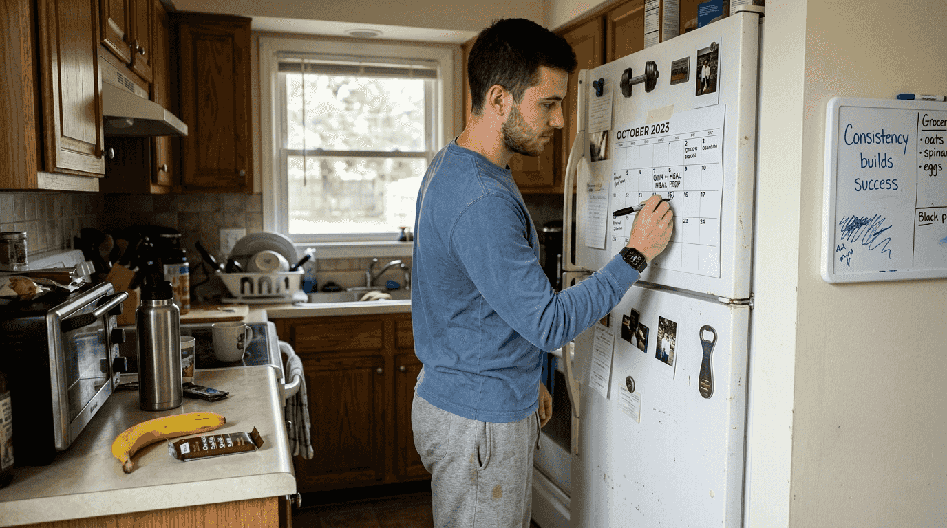 Man tracking fitness habits on kitchen calendar