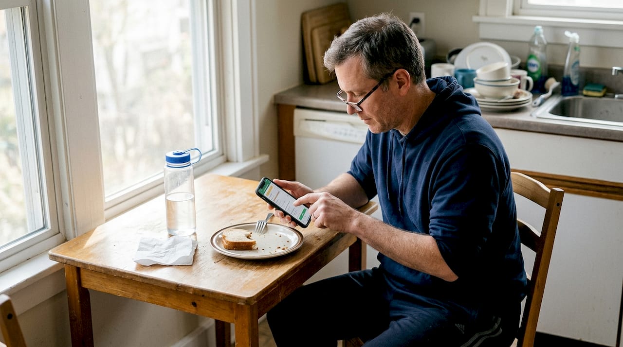 Man self-monitoring with phone after lunch