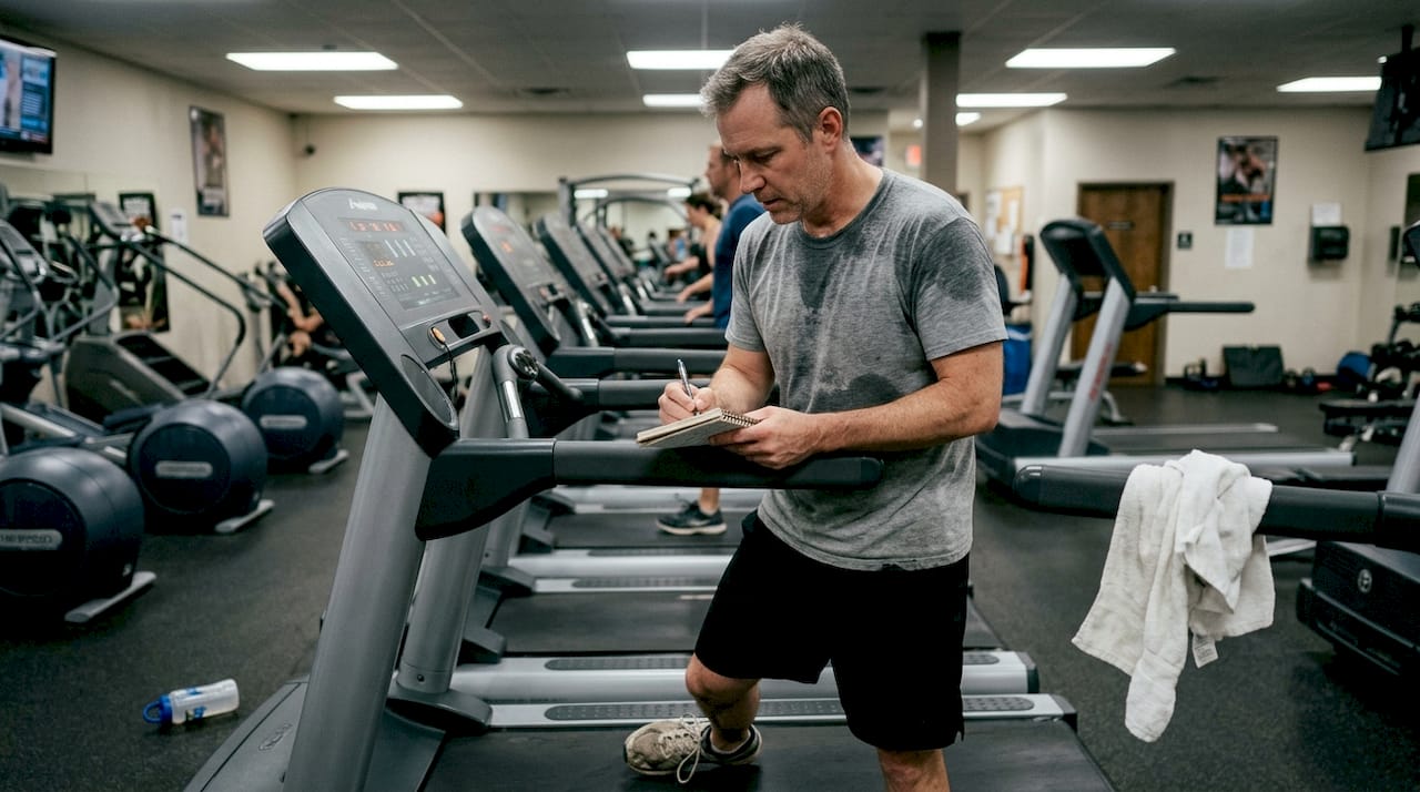 Man tracking workout on gym treadmill