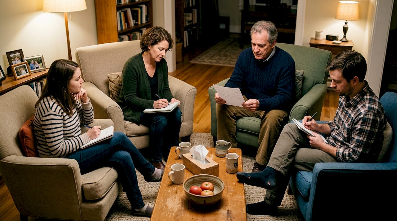 Support group sharing in casual living room
