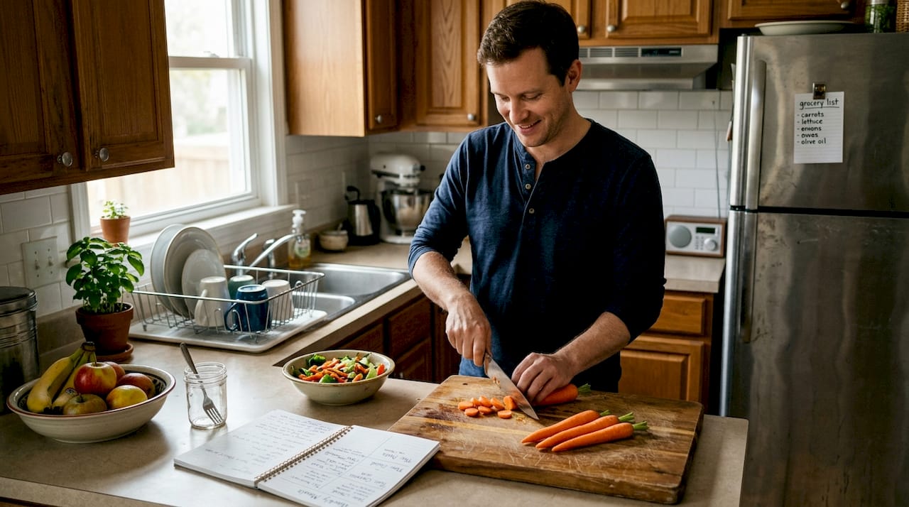 Man chopping carrots while meal planning in kitchen