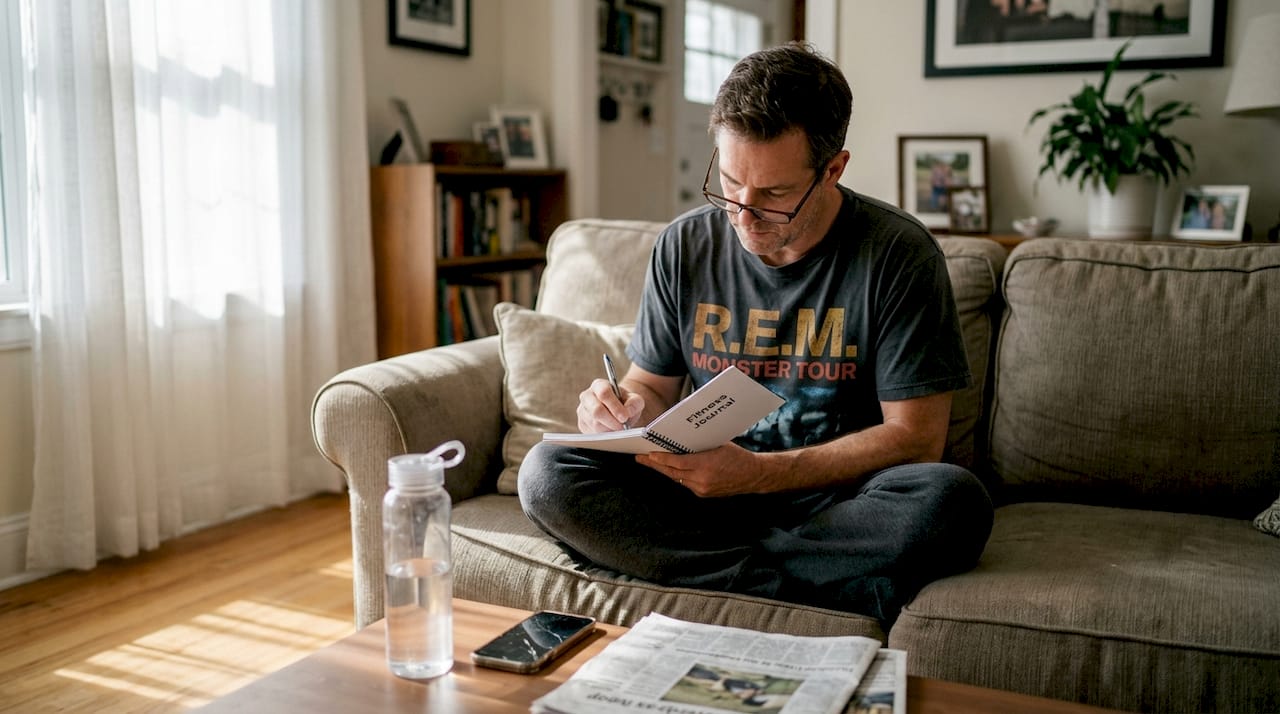 Man writing in fitness journal on sofa