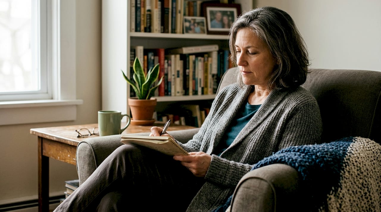 Client journaling in cozy living room session