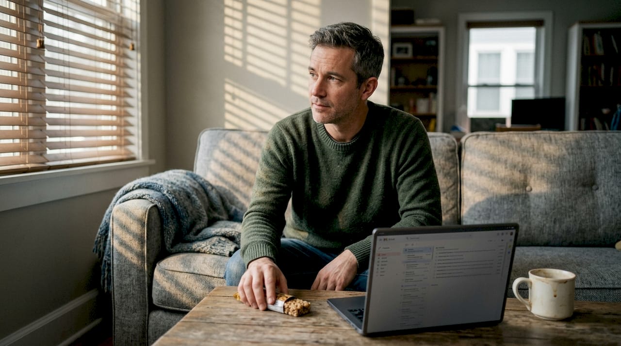 Man hesitating with snack in relaxed living room