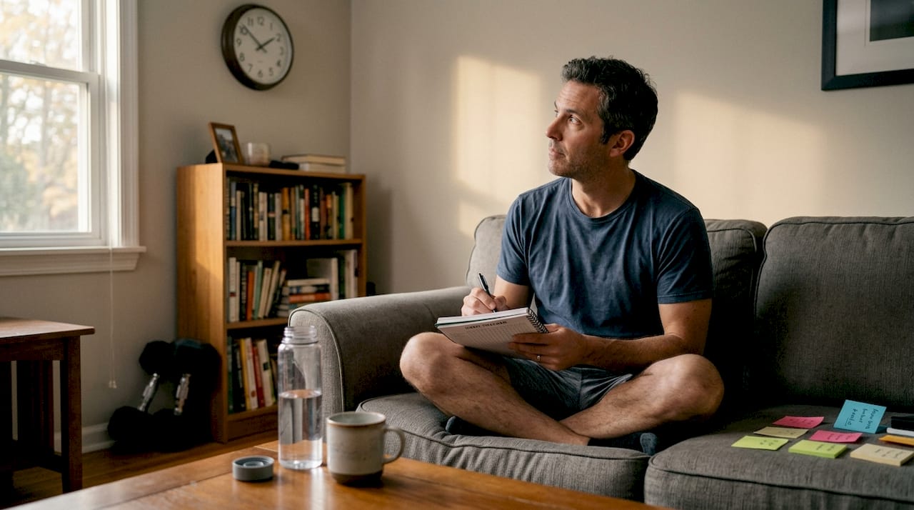 Man updating habit tracker in living room