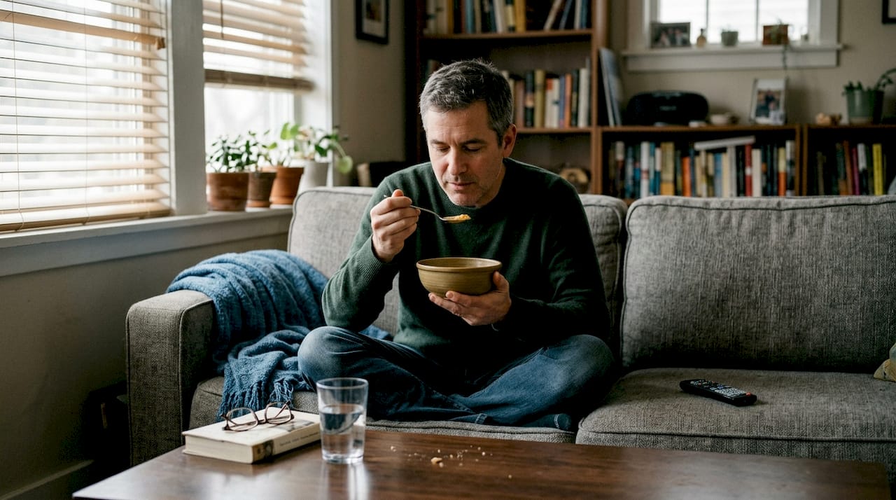 Man practicing mindful eating on living room sofa