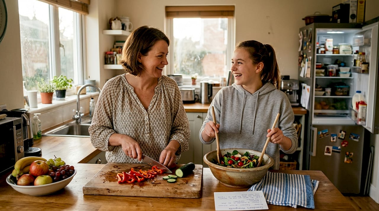 Mother and daughter cook healthy meal together