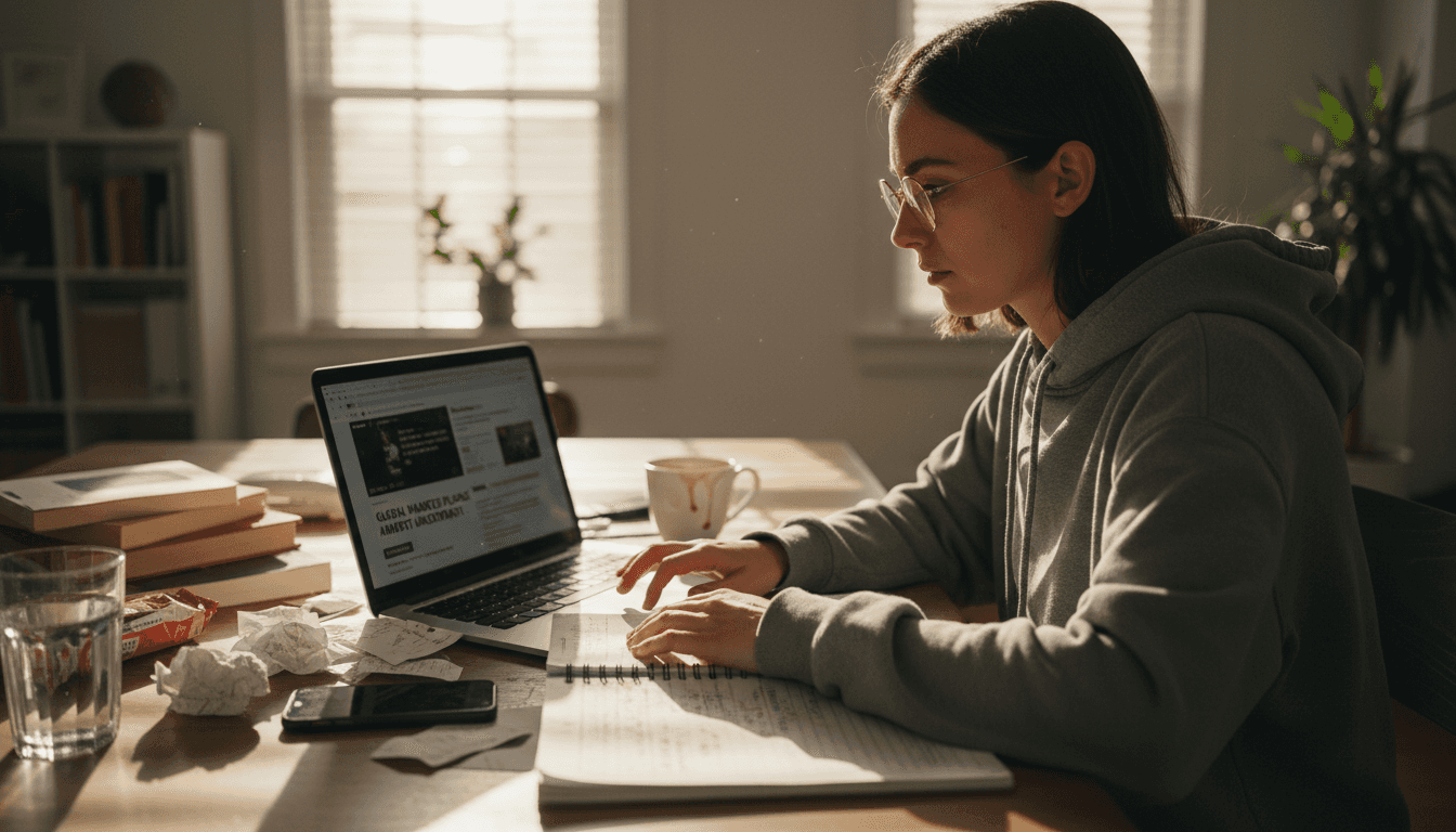 Woman checking AI news source credibility