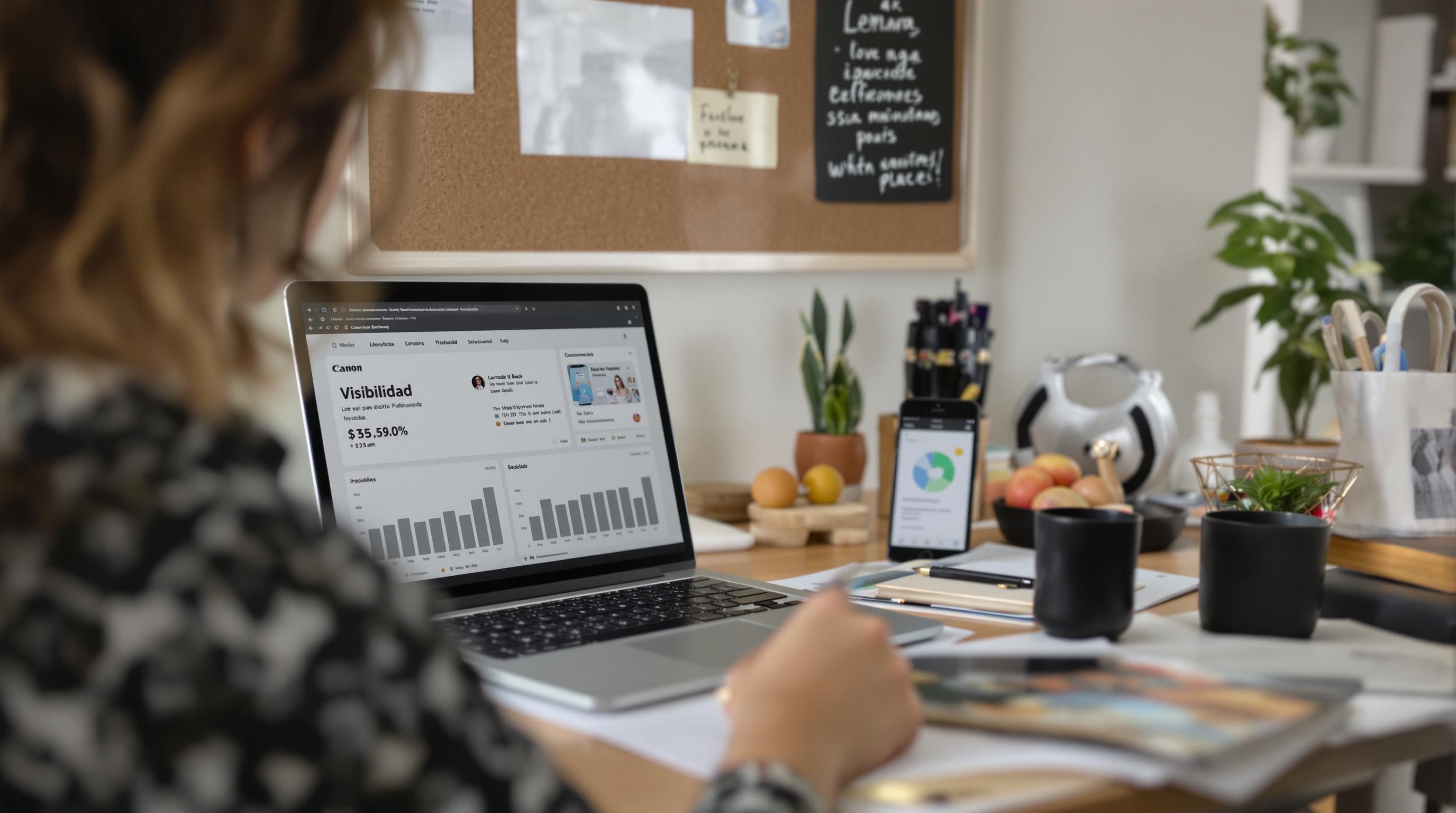 Young entrepreneur reviews ad campaigns in a bright home office, 'Visibilidad' on corkboard