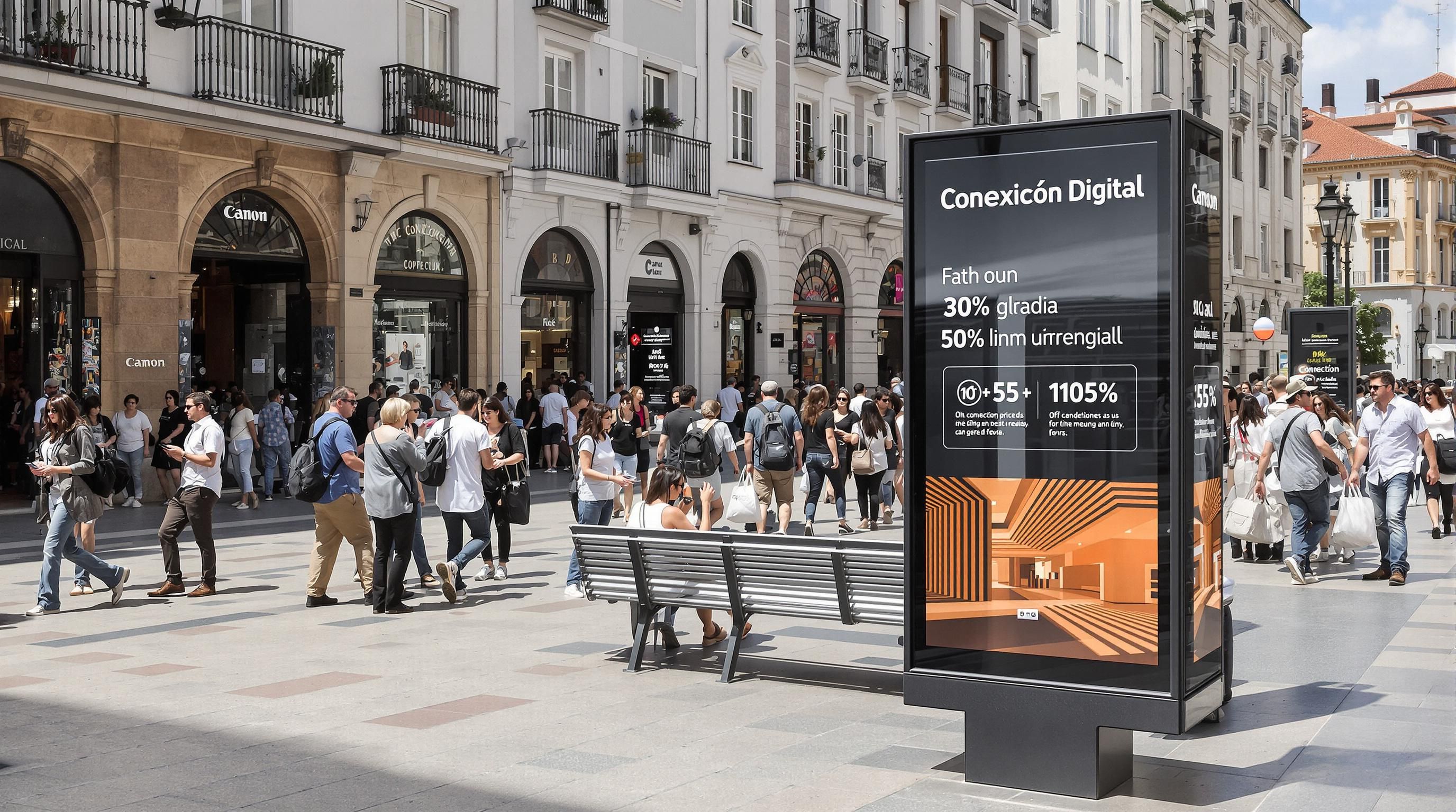 People of all ages use digital devices in a city plaza, showcasing modern digital ad interaction