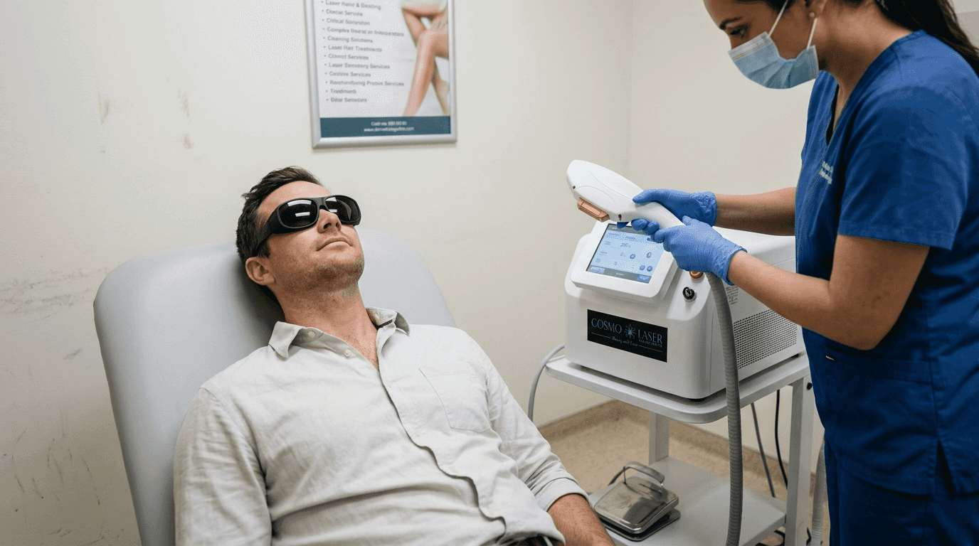 Technician performing laser hair removal for man