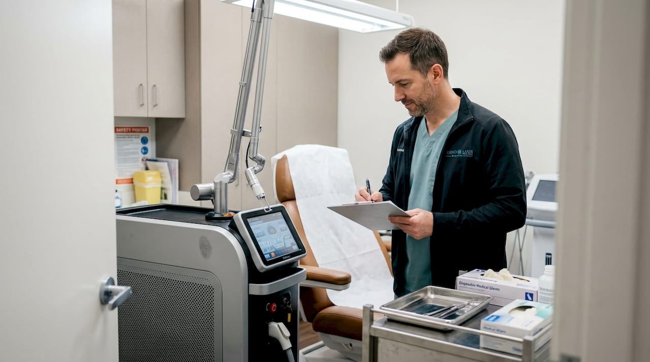 Technician adjusting laser device in dermatology room