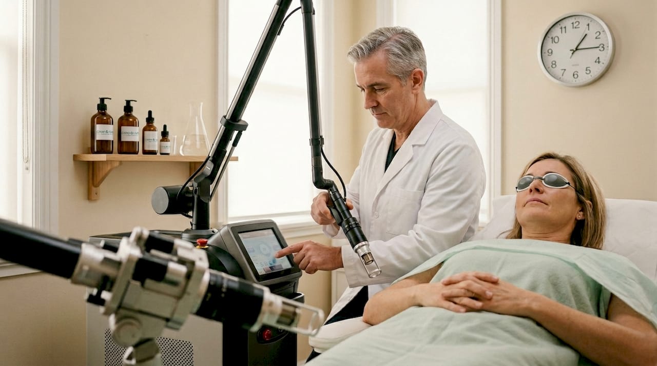 Technician prepares laser device for treatment