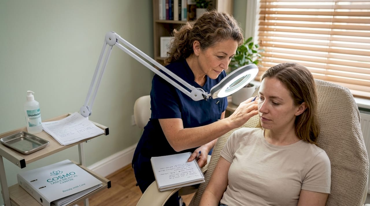 Specialist assessing skin for personalized safety