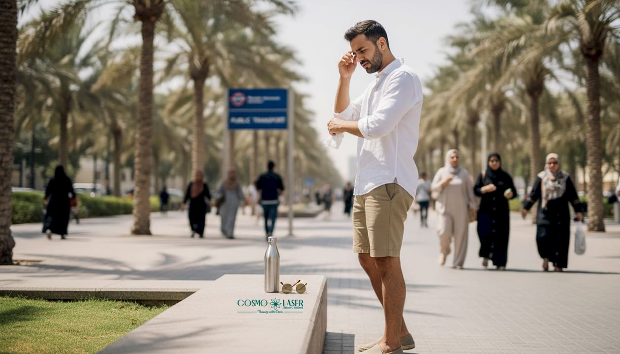 Dubai man in summer attire adjusts shirt in park