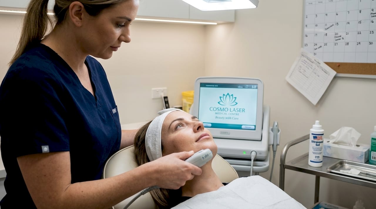 Technician performing HIFU facial procedure