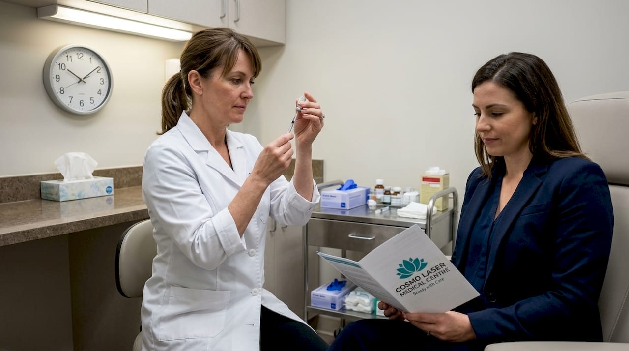Nurse prepares skin injection in procedure room