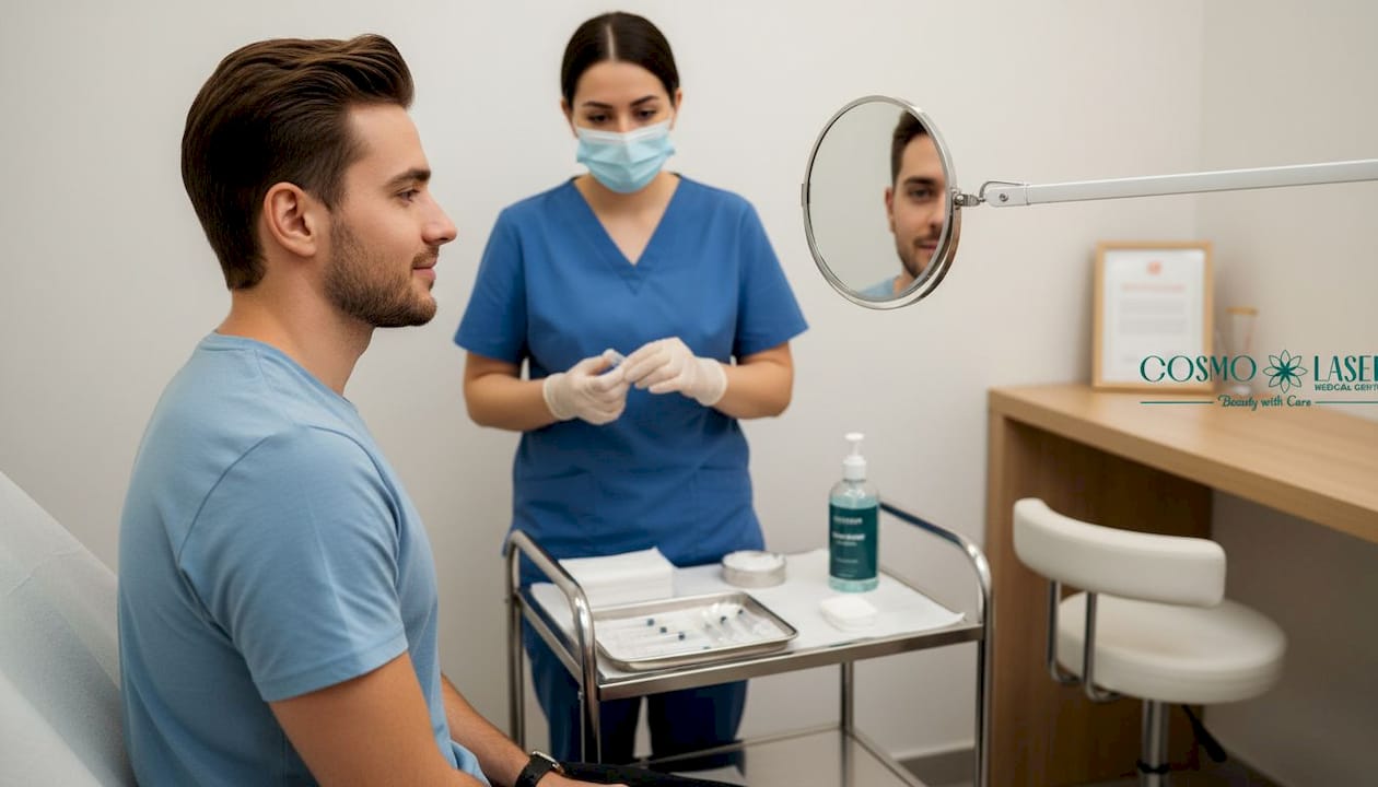 Man in clinic preparing for facial procedure