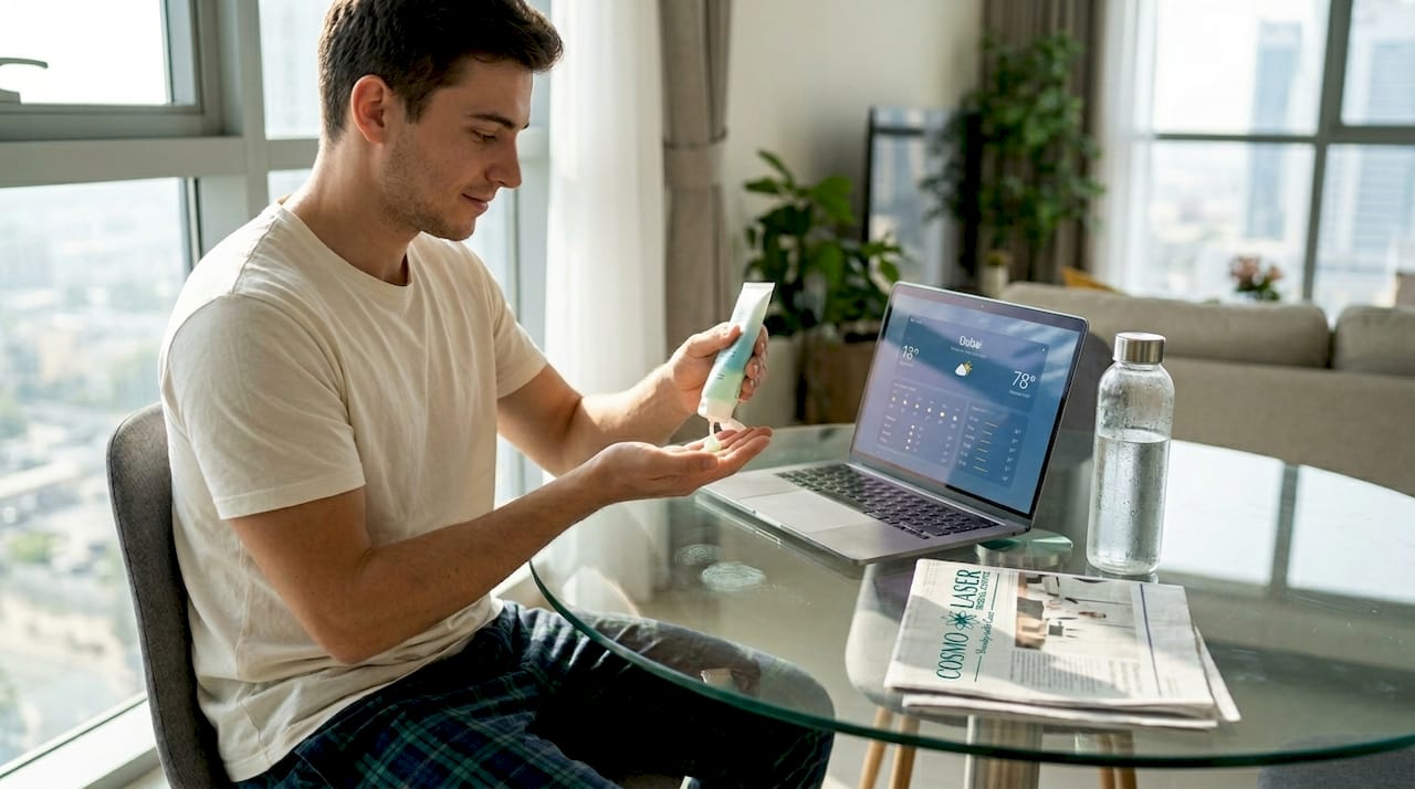 Man uses gel moisturizer at sunny table