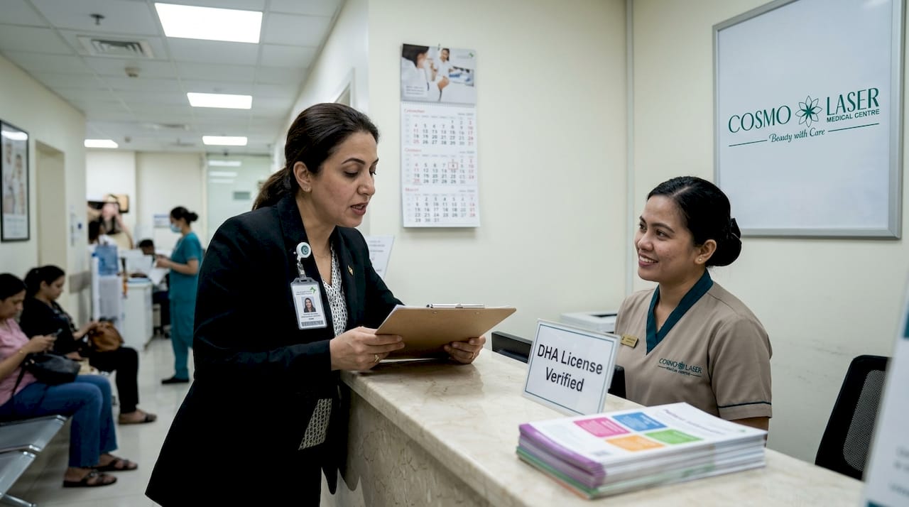 DHA official verifying clinic license at reception