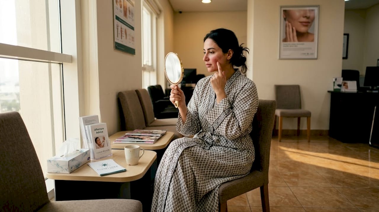 Patient checks face after filler treatment