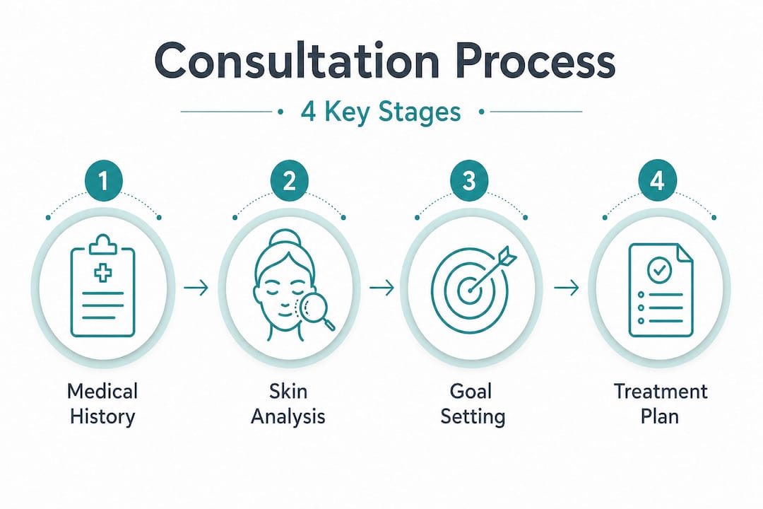 Vertical infographic outlining four skin consultation stages