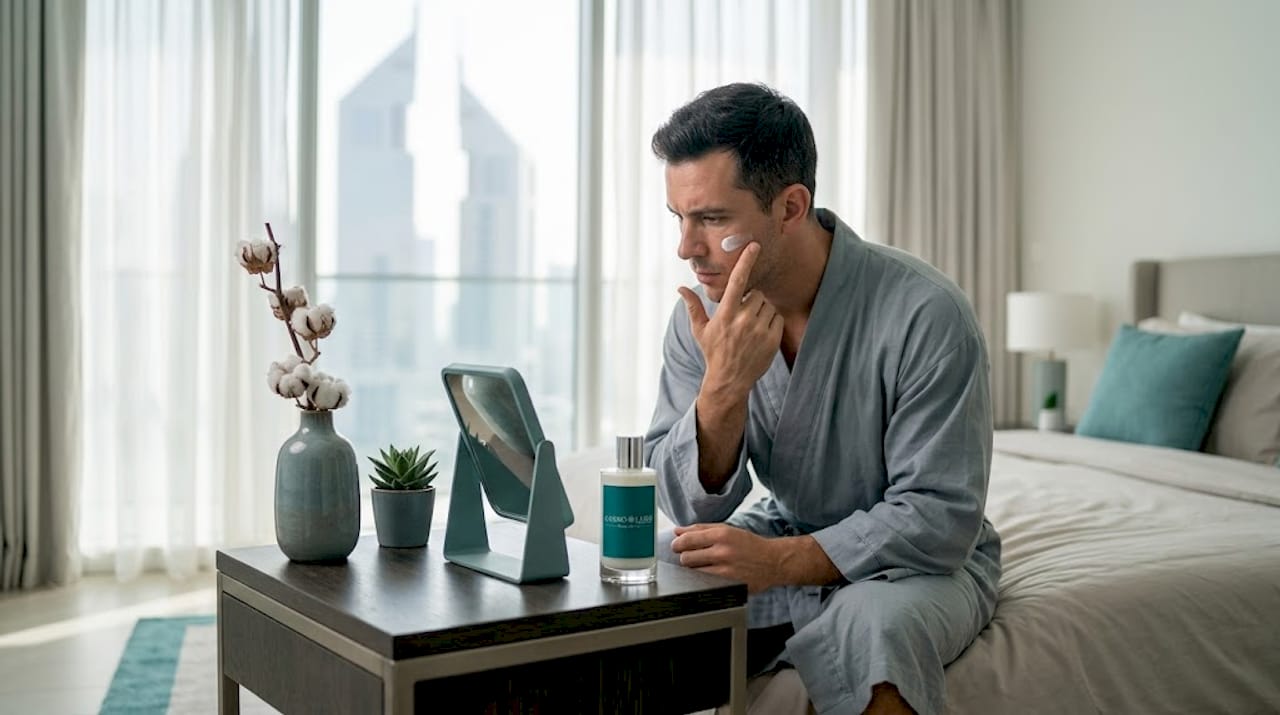 Man applying sunscreen in bright bedroom UAE