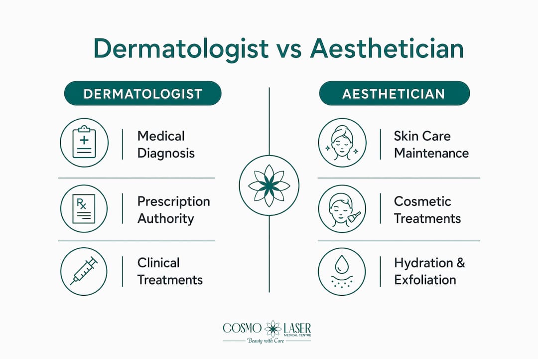 Infographic comparing dermatologist and aesthetician roles
