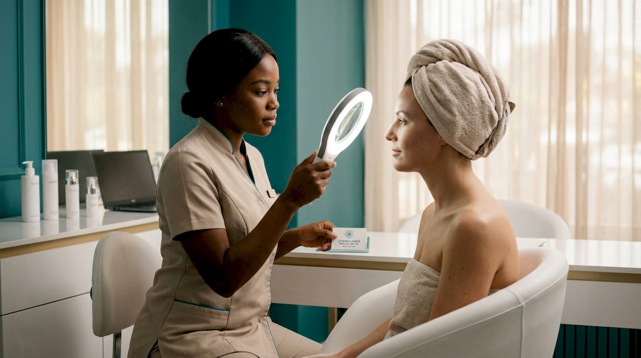 Aesthetician examining client skin under magnifying lamp