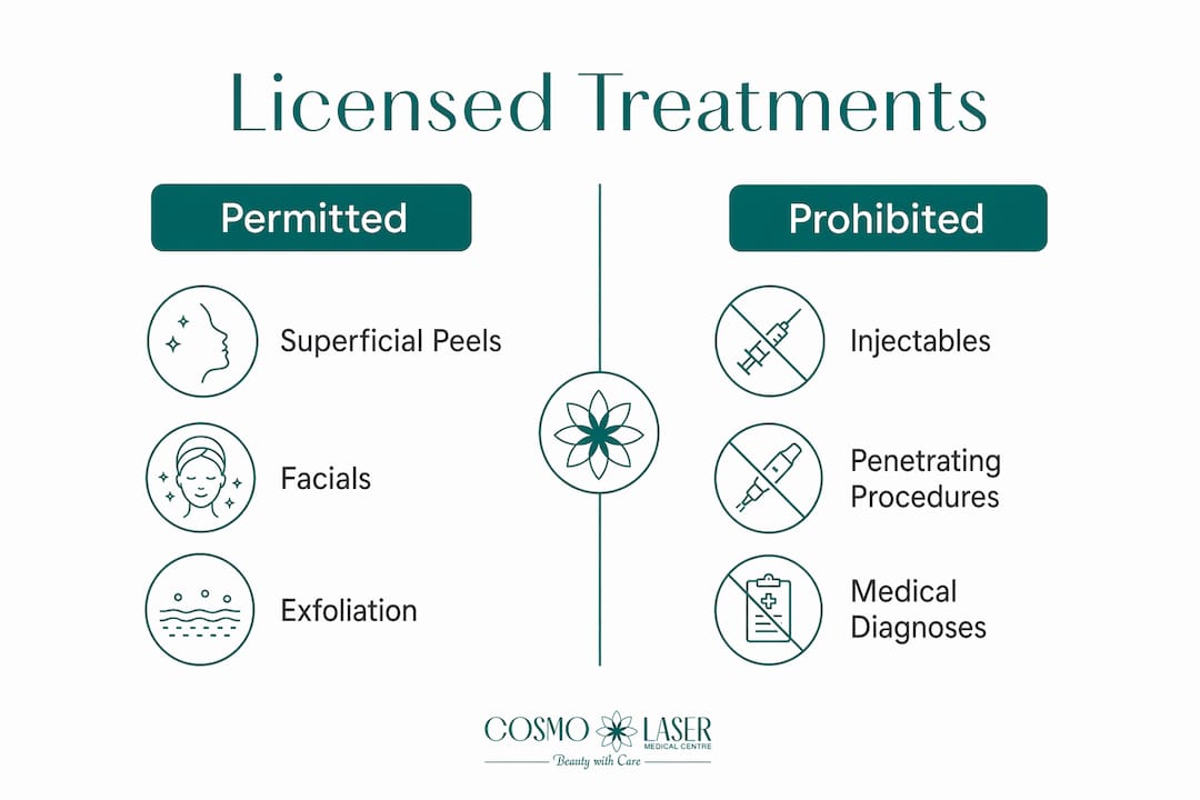 Infographic comparing permitted and prohibited licensed aesthetician treatments