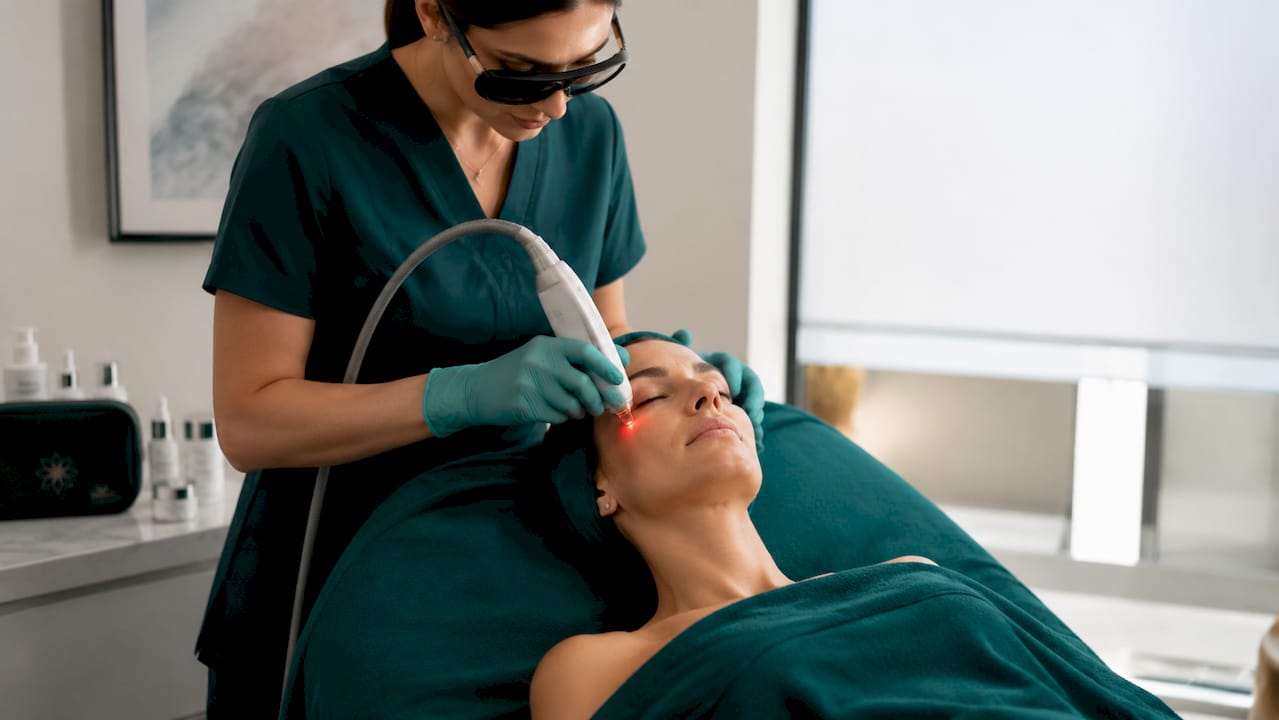 Close-up of laser treatment on client's face