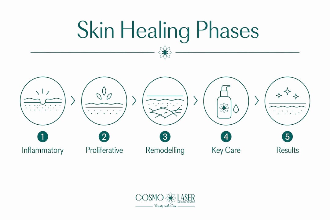 Infographic illustrating skin healing phases and aftercare steps