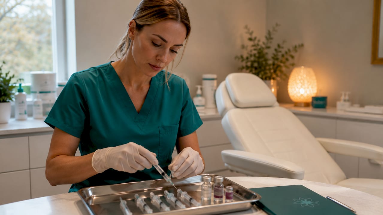 Clinician preparing neuromodulator and filler syringes