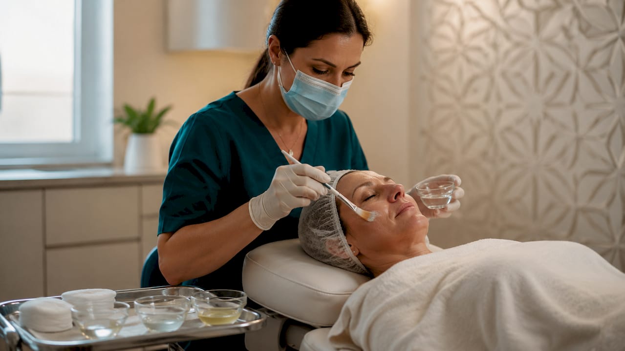 Clinical chemical peel treatment in progress