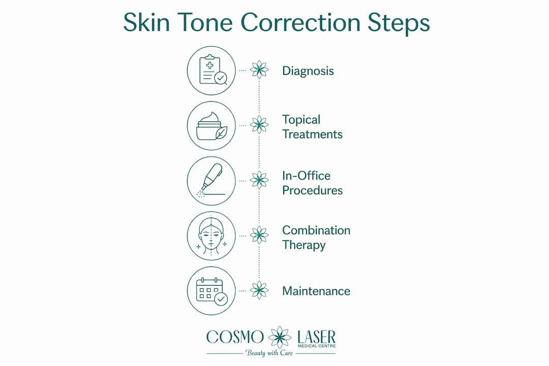 Infographic illustrating skin tone correction steps