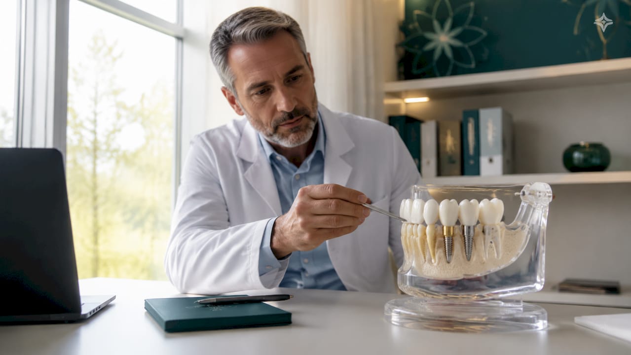 Dentist examining dental implant model