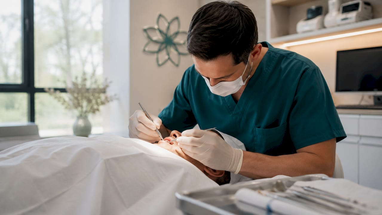 Dental surgeon performing zygomatic implant surgery
