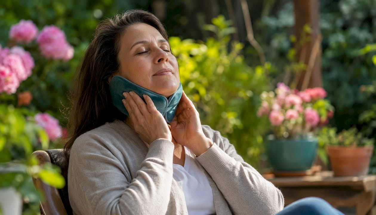 Woman applying warm compress to jaw