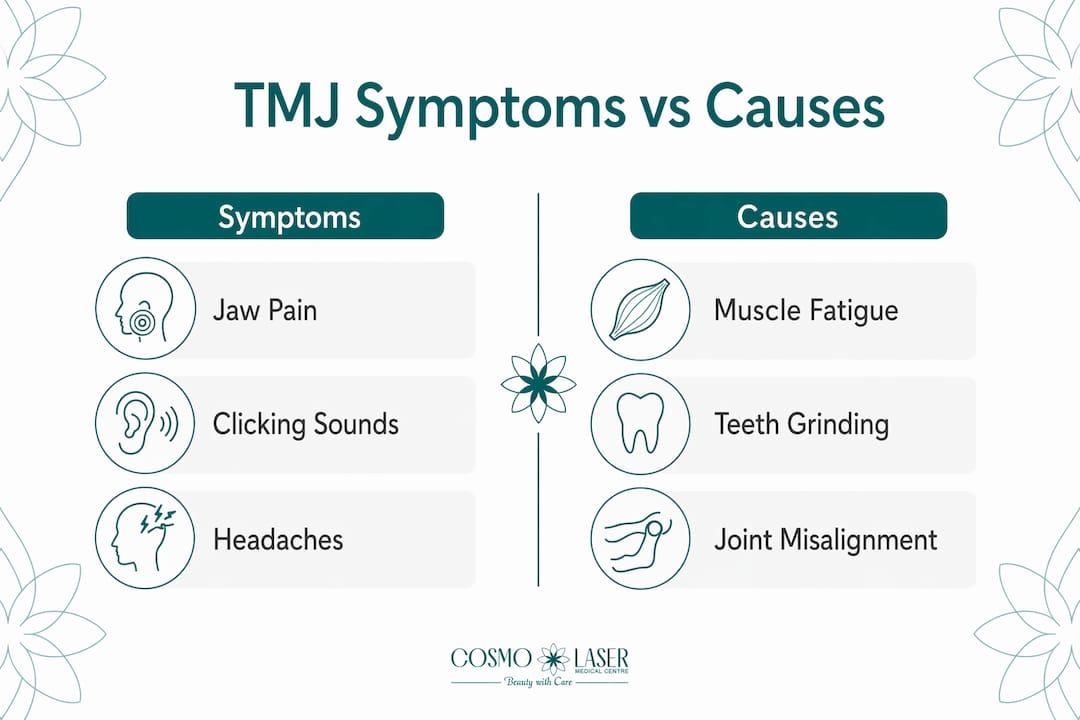 Infographic comparing TMJ symptoms and causes