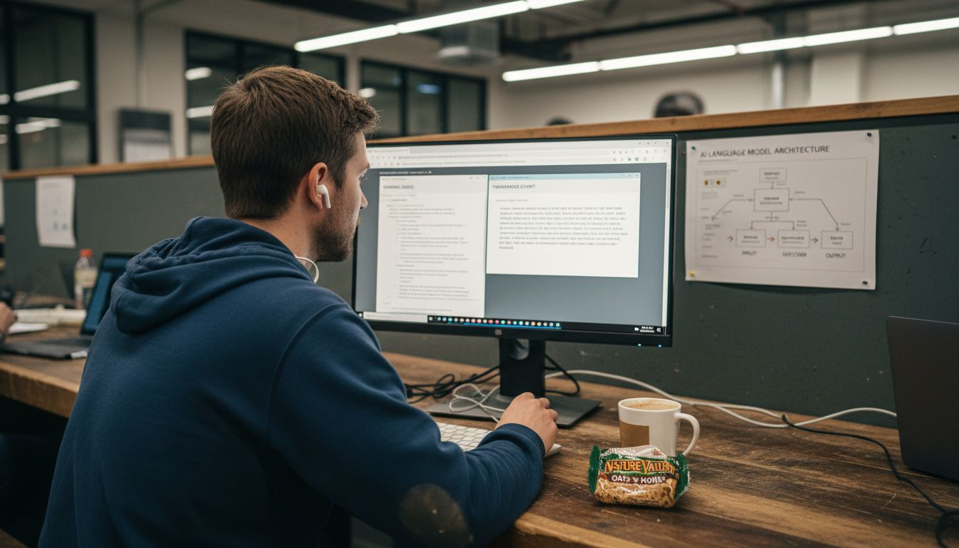 Tech worker analyzing AI paraphrasing output