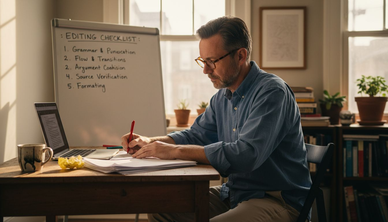 Man uses checklist and drafts for editing