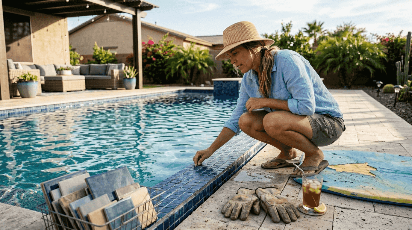 Woman inspecting new pool tile in Phoenix