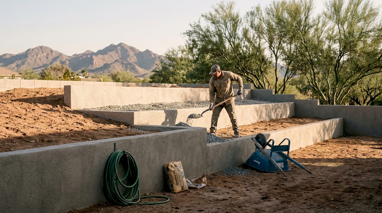 Worker building terraced slope in Phoenix backyard