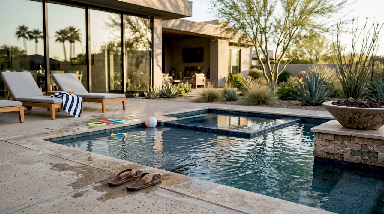 Integrated pool and spa with tanning ledge